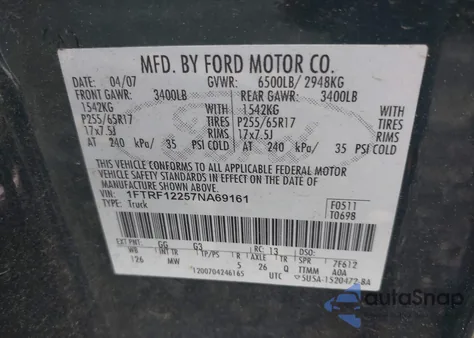 2007 Ford F-150 Stx/Xl/Xlt z USA, uszkodzony, nr VIN 1FTRF12257NA69161
